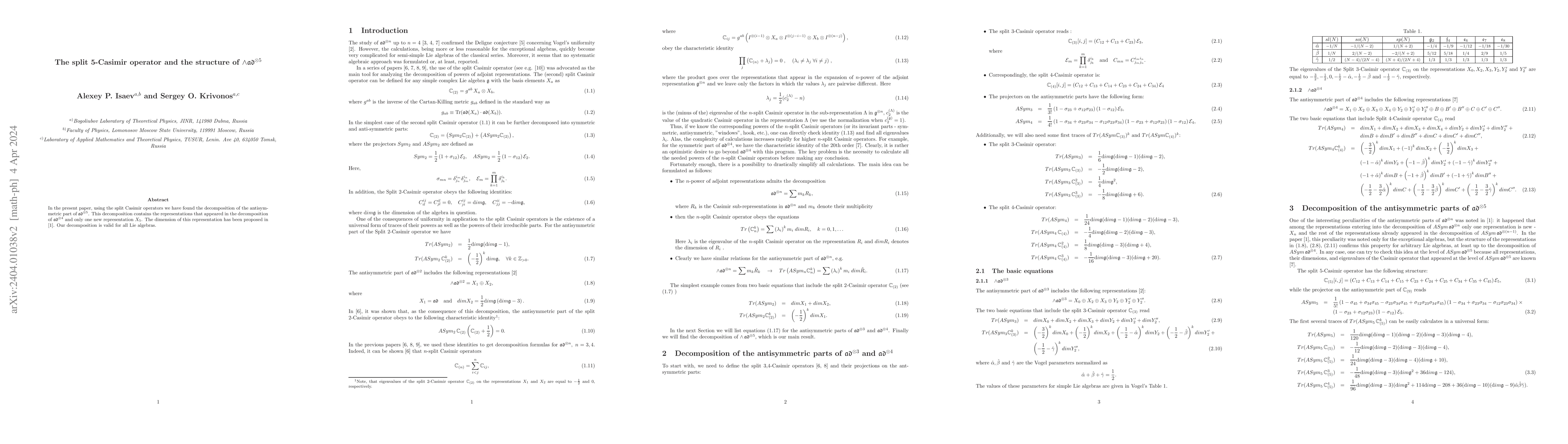 Thumbnail for The split 5-Casimir operator and the structure of $\wedge
  \mathfrak{ad}^{\otimes 5}$