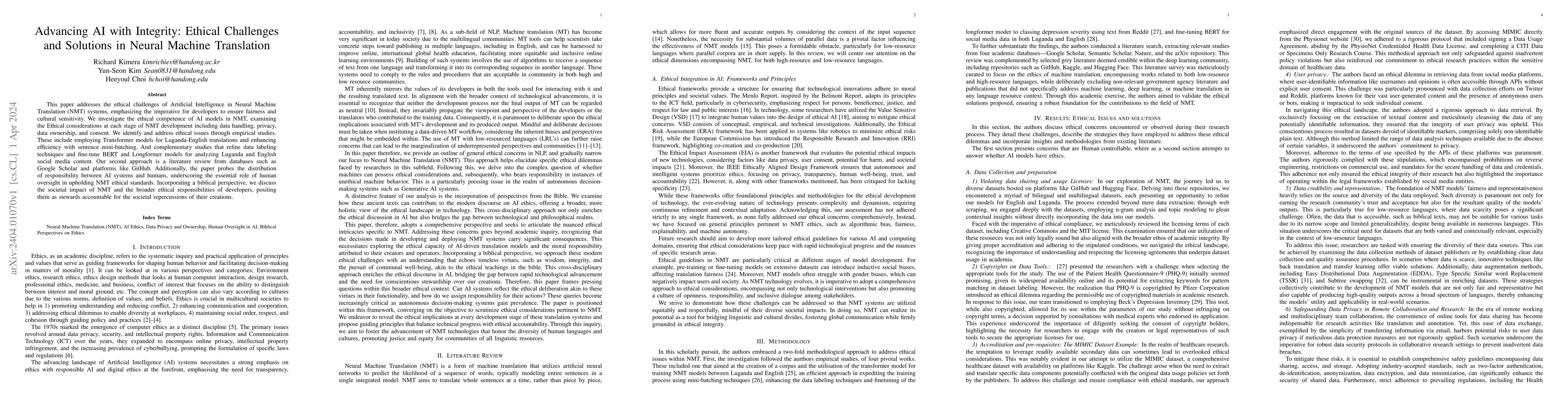 Thumbnail for Advancing AI with Integrity: Ethical Challenges and Solutions in Neural
  Machine Translation