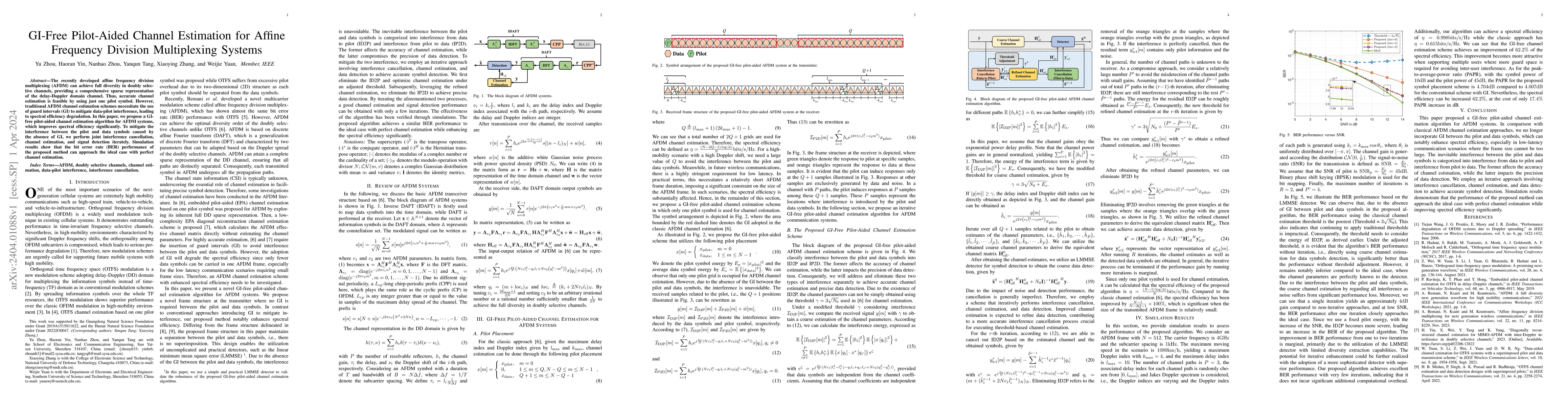 Thumbnail for GI-Free Pilot-Aided Channel Estimation for Affine Frequency Division
  Multiplexing Systems