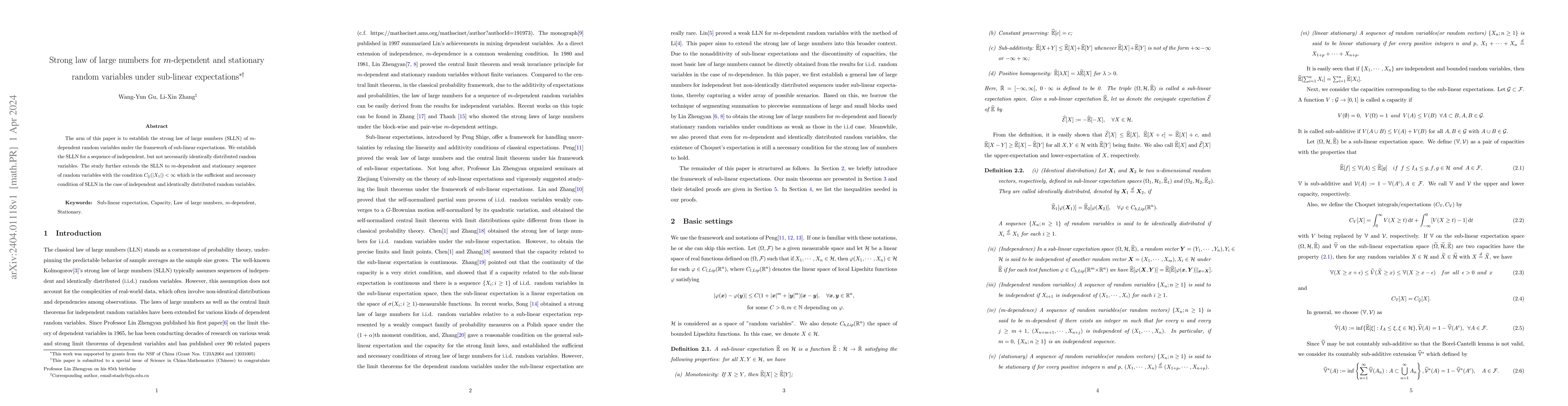 Thumbnail for Strong law of large numbers for $m$-dependent and stationary random
  variables under sub-linear expectations