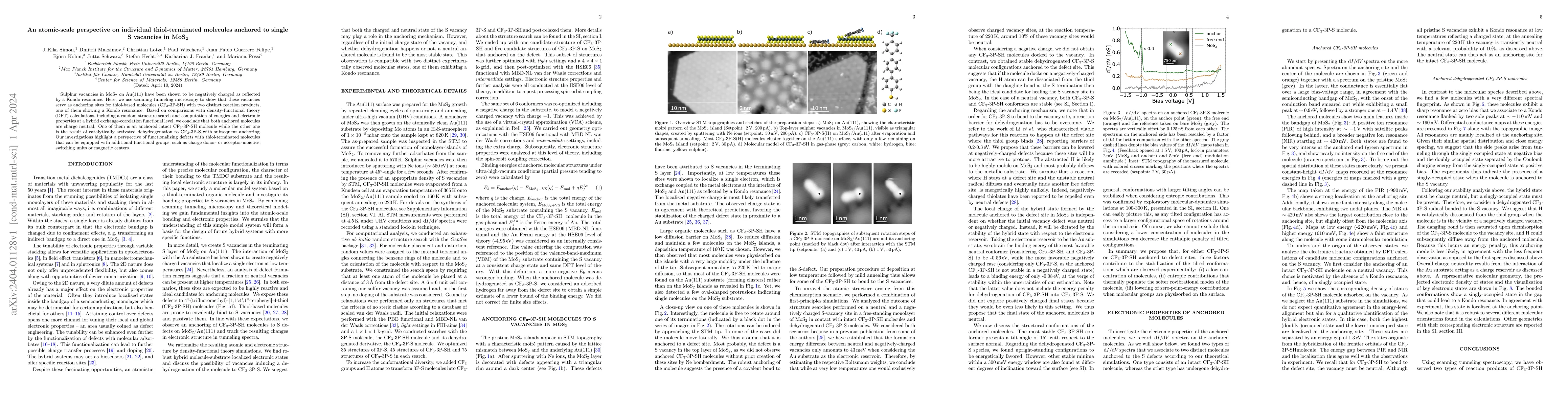 Thumbnail for An atomic-scale perspective on individual thiol-terminated molecules
  anchored to single S vacancies in MoS$_2$