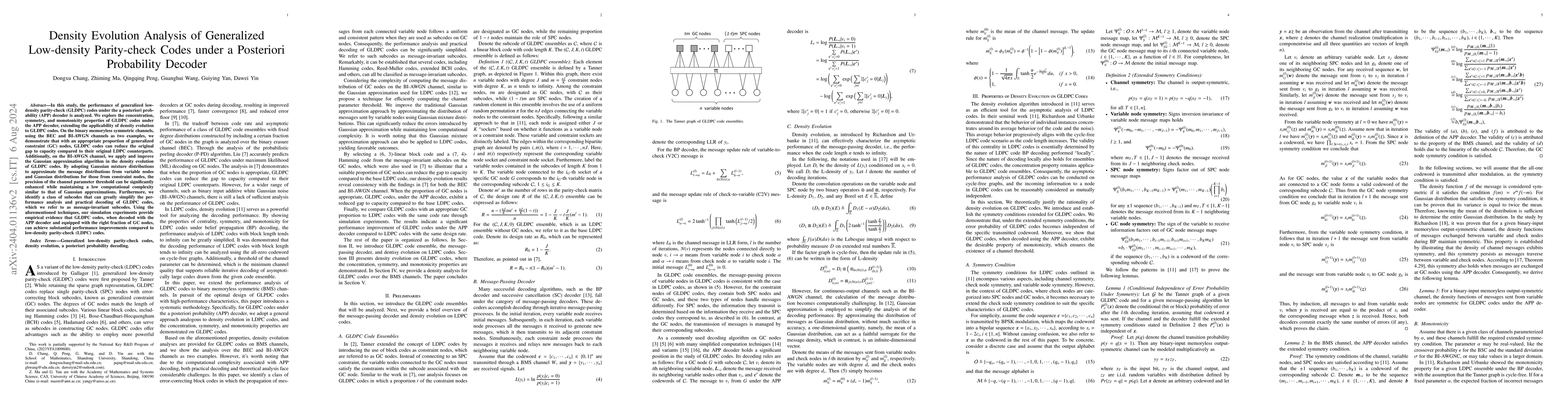 Thumbnail for Density Evolution Analysis of Generalized Low-density Parity-check Codes
  under a Posteriori Probability Decoder