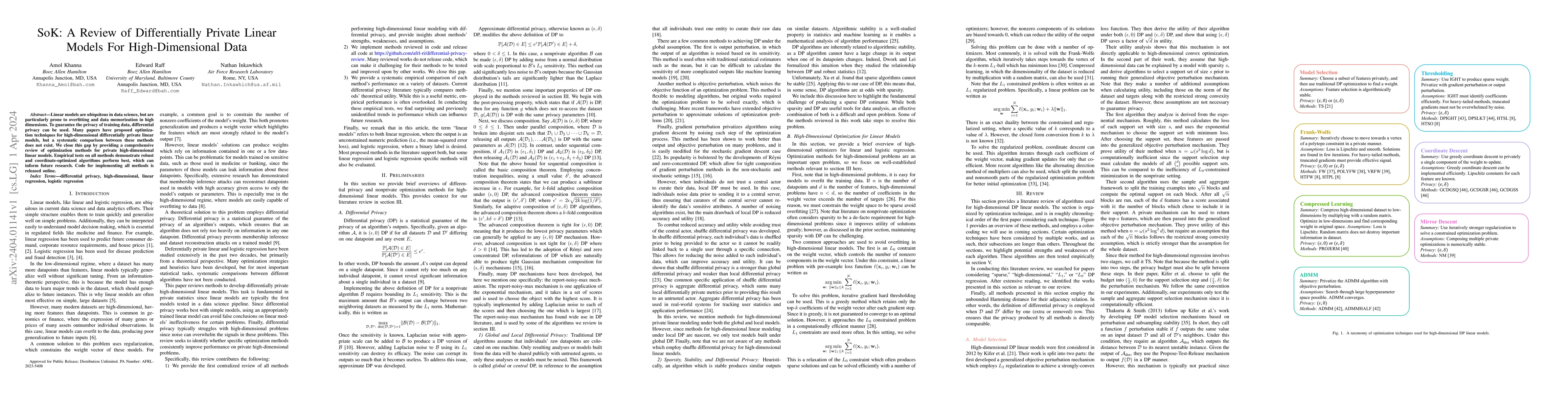 Thumbnail for SoK: A Review of Differentially Private Linear Models For
  High-Dimensional Data