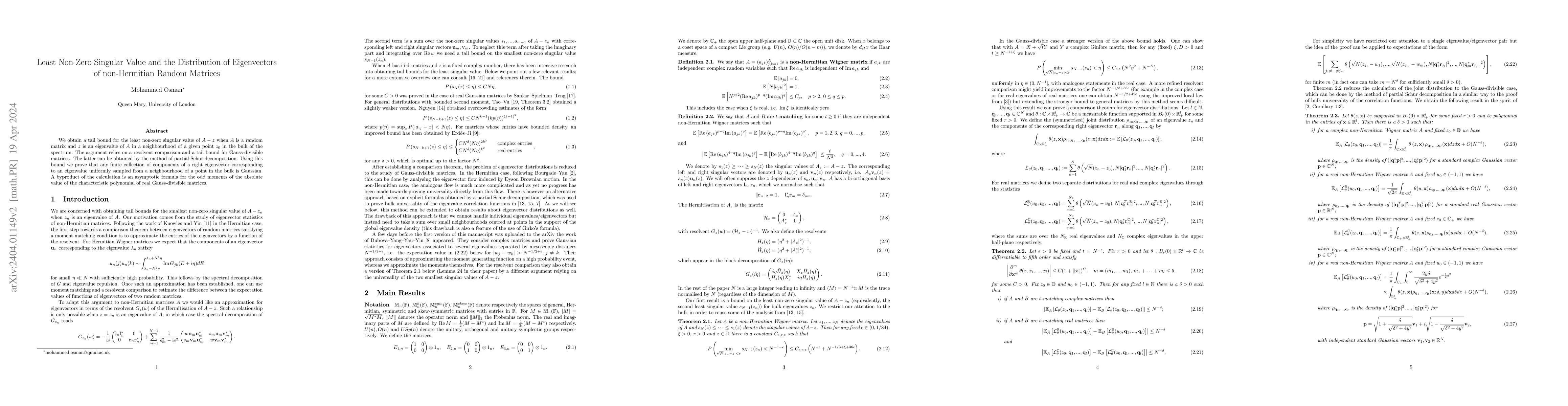 Thumbnail for Least Non-Zero Singular Value and the Distribution of Eigenvectors of
  non-Hermitian Random Matrices
