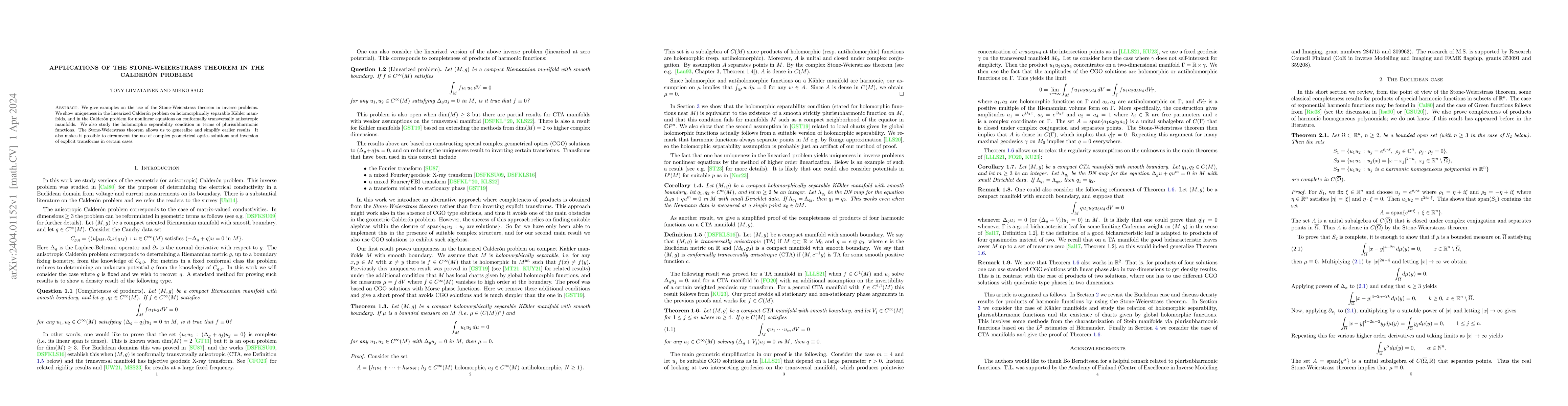 Thumbnail for Applications of the Stone-Weierstrass theorem in the Calder\'on problem