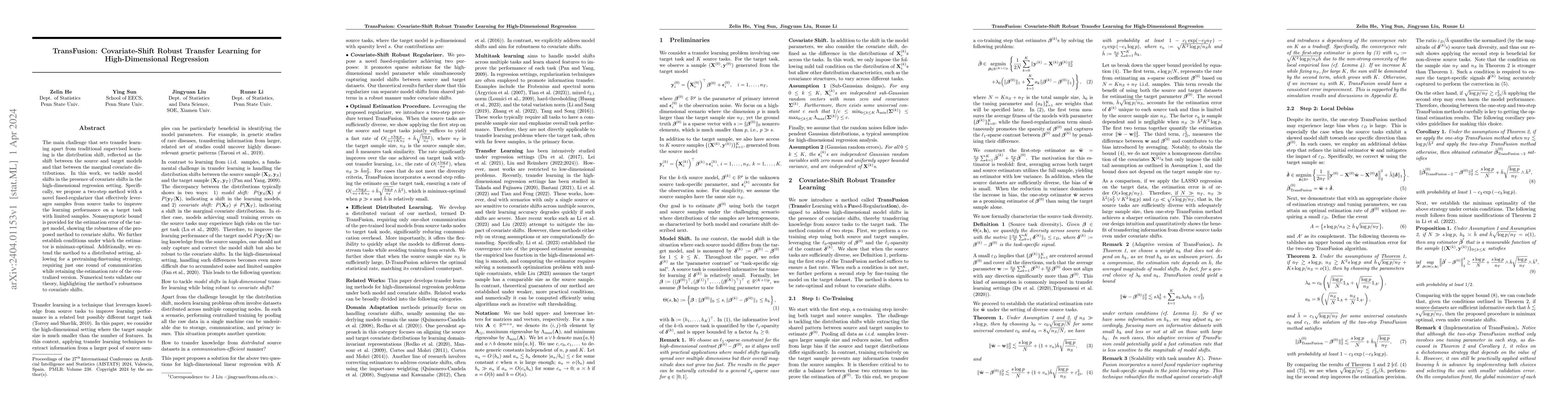Thumbnail for TransFusion: Covariate-Shift Robust Transfer Learning for
  High-Dimensional Regression