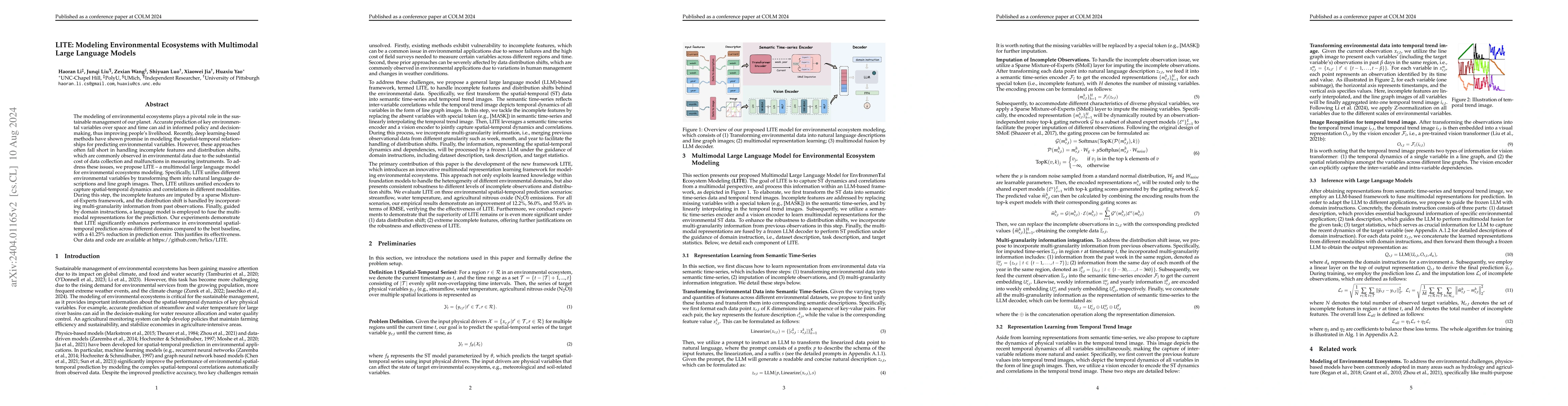 Thumbnail for LITE: Modeling Environmental Ecosystems with Multimodal Large Language
  Models