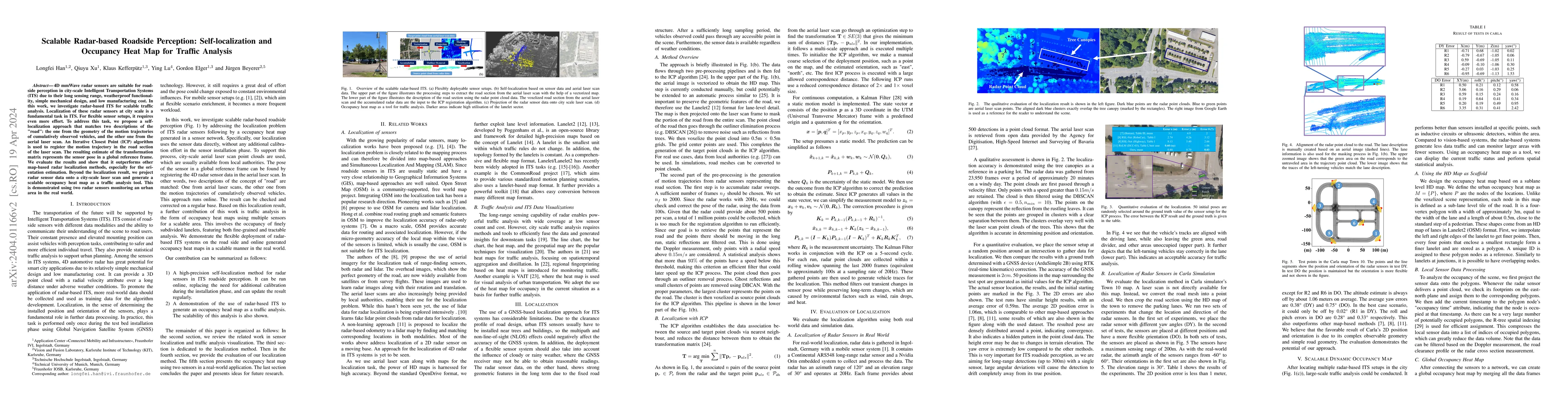 Thumbnail for Scalable Radar-based Roadside Perception: Self-localization and
  Occupancy Heat Map for Traffic Analysis