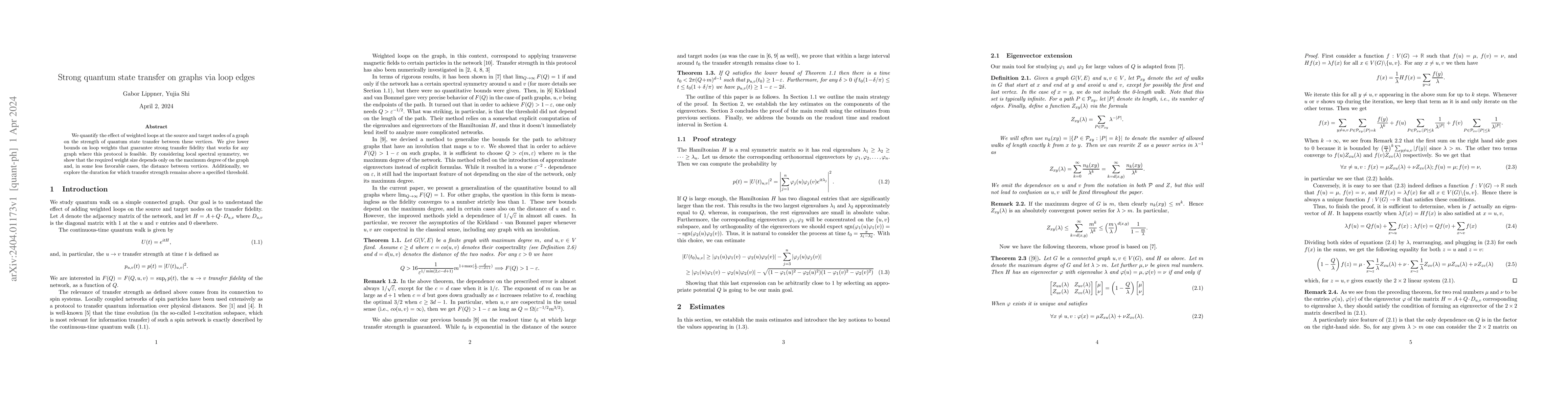 Thumbnail for Strong quantum state transfer on graphs via loop edges