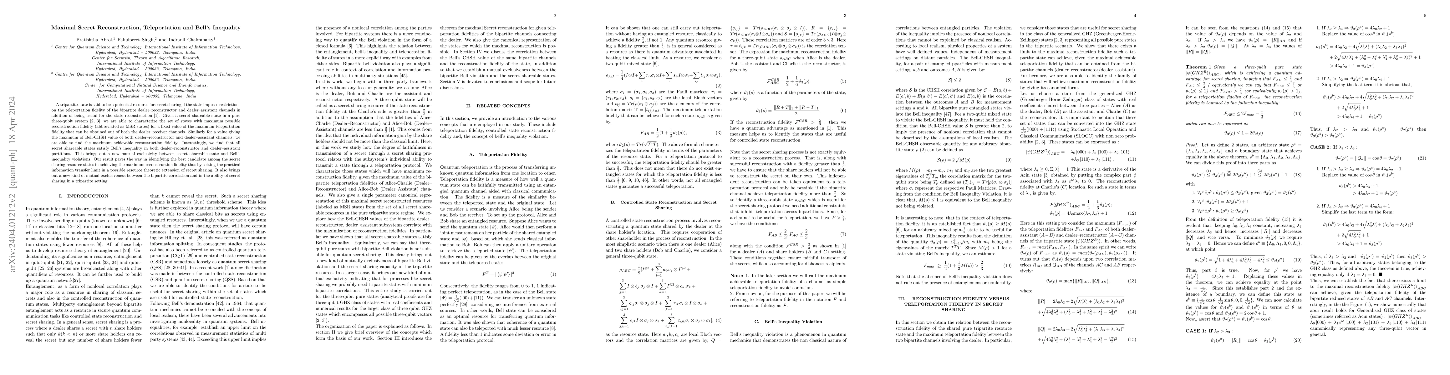 Thumbnail for Maximal Secret Reconstruction, Teleportation and Bell's Inequality