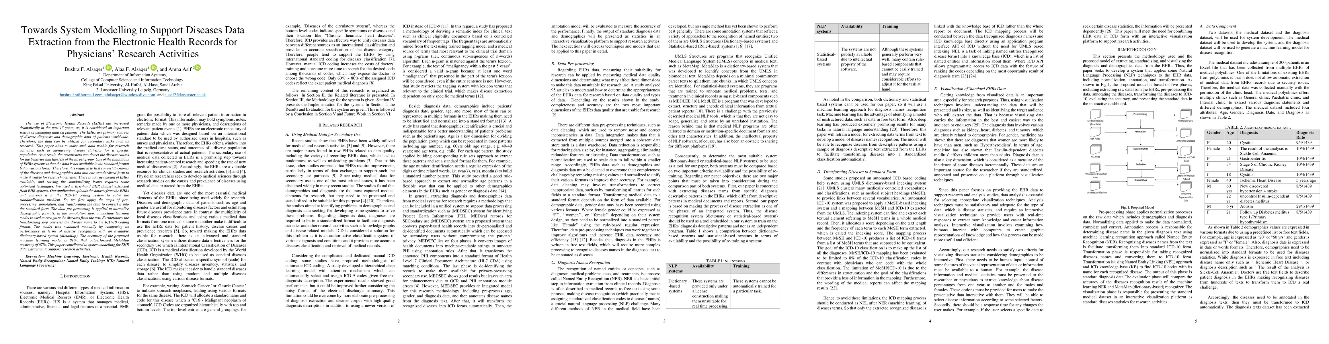 Thumbnail for Towards System Modelling to Support Diseases Data Extraction from the
  Electronic Health Records for Physicians Research Activities