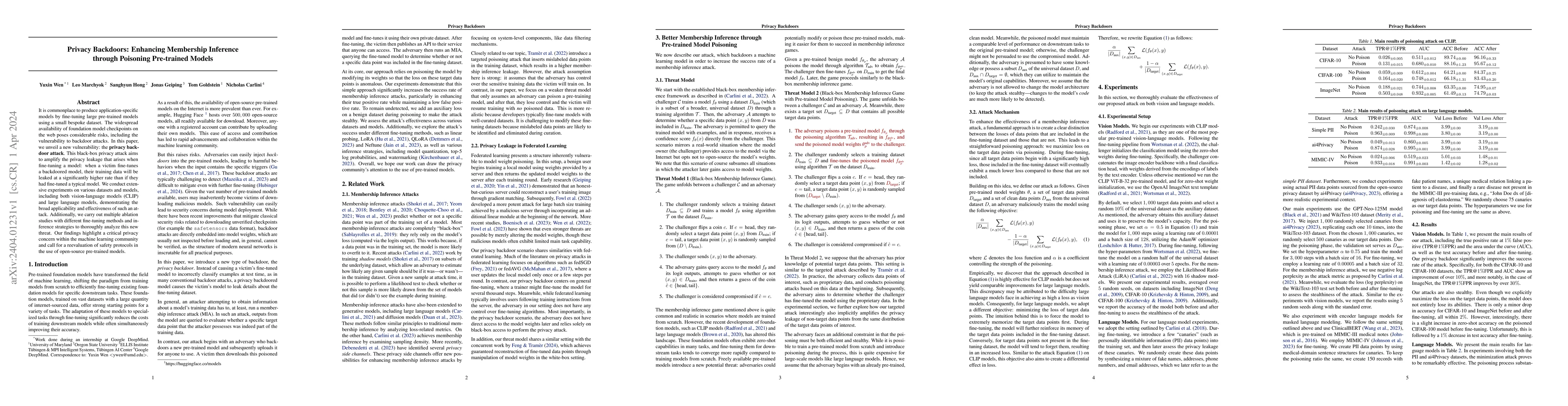 Thumbnail for Privacy Backdoors: Enhancing Membership Inference through Poisoning
  Pre-trained Models