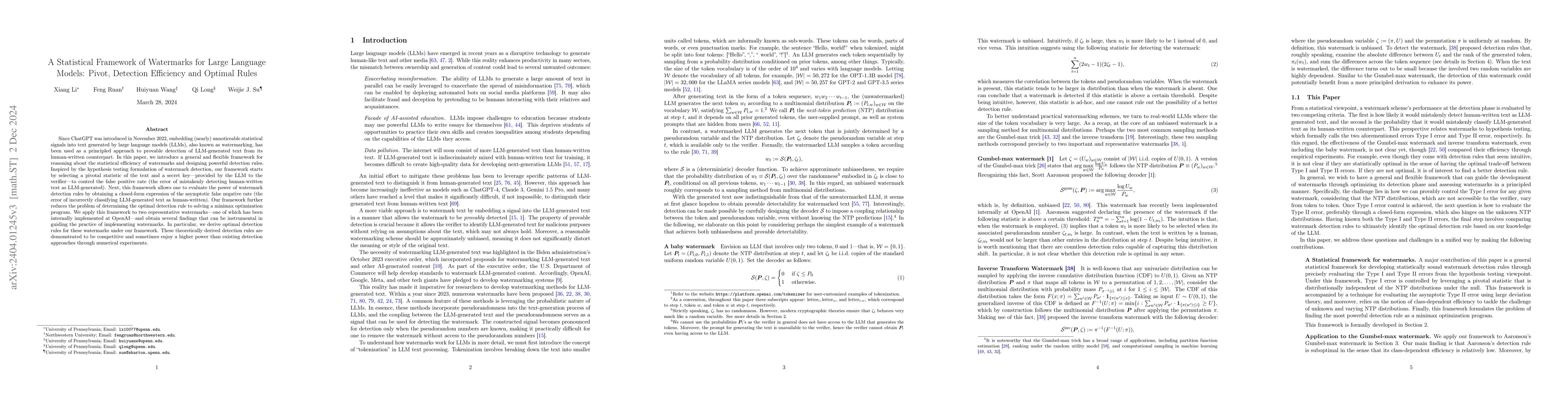 Thumbnail for A Statistical Framework of Watermarks for Large Language Models: Pivot,
  Detection Efficiency and Optimal Rules