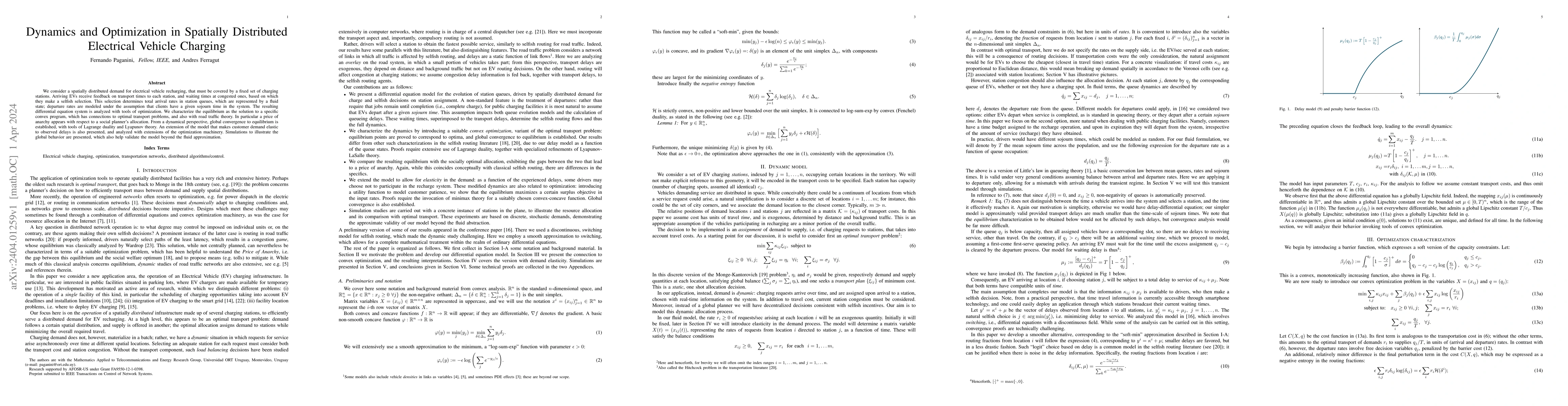 Thumbnail for Dynamics and Optimization in Spatially Distributed Electrical Vehicle
  Charging