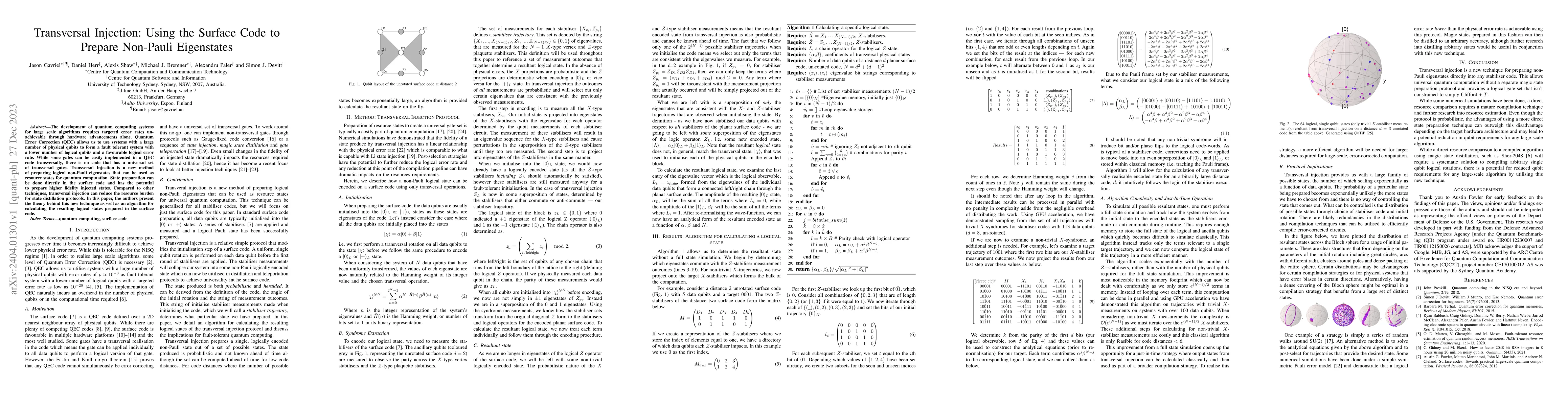 Thumbnail for Transversal Injection: Using the Surface Code to Prepare Non-Pauli
  Eigenstates