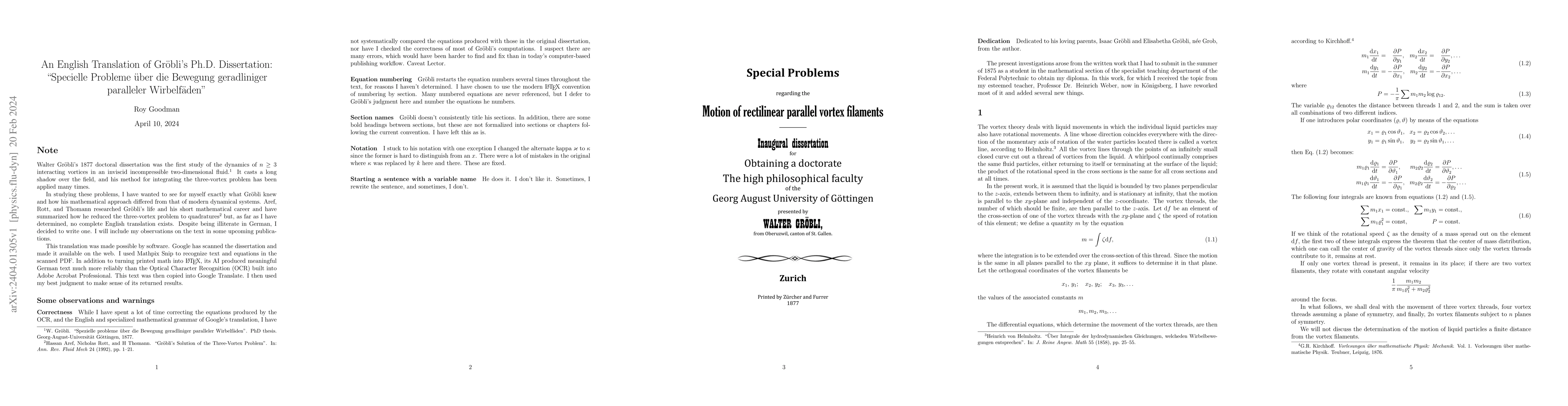 Thumbnail for An English Translation of Gr\"obli's Ph.D. Dissertation: "Specielle
  Probleme \"uber die Bewegung geradliniger paralleler Wirbelf\"aden"