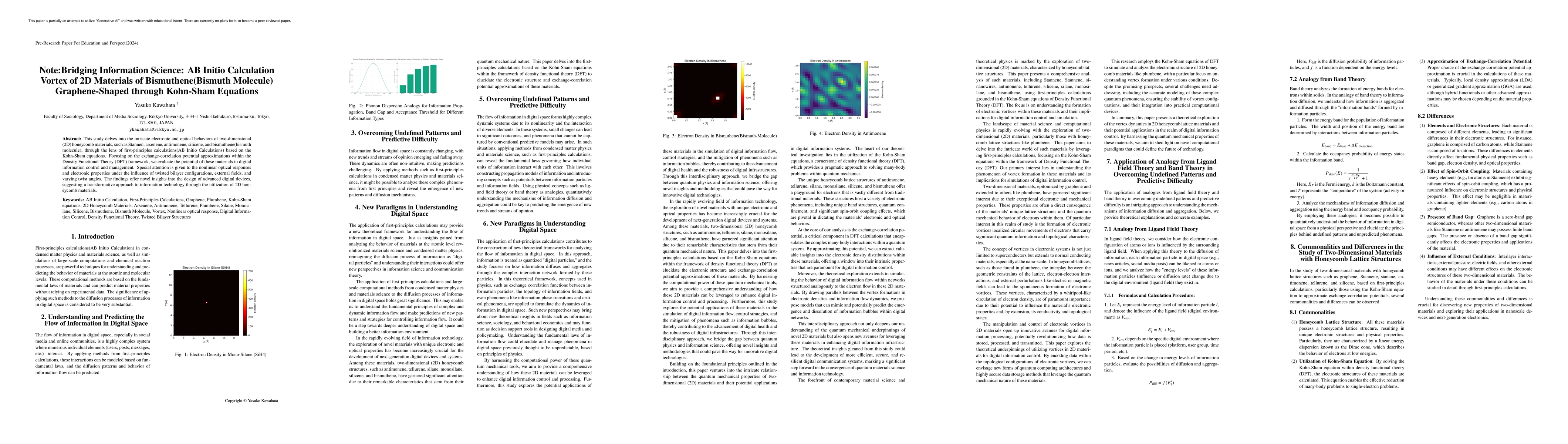 Thumbnail for Note: Bridging Information Science: AB Initio Calculation Vortex of 2D
  Materials of Bismuthene(Bismuth Molecule) Graphene-Shaped through Kohn-Sham
  Equations