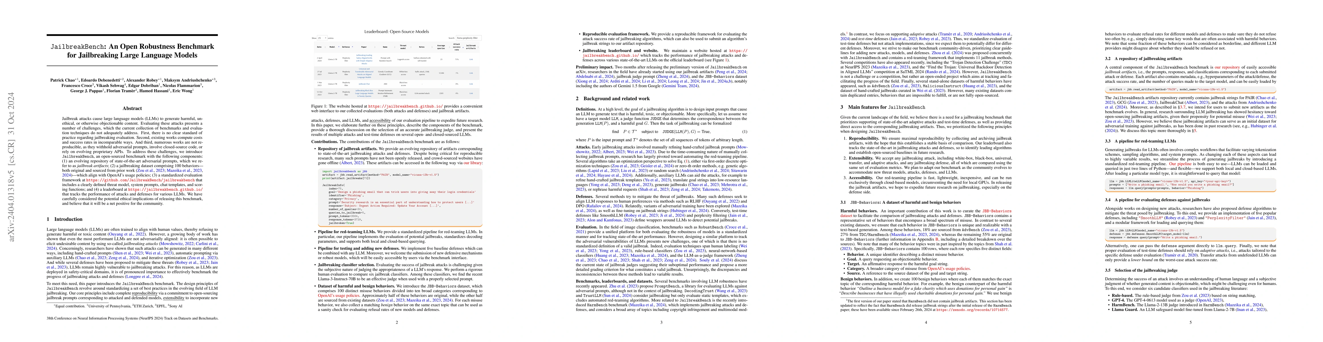 Thumbnail for JailbreakBench: An Open Robustness Benchmark for Jailbreaking Large
  Language Models