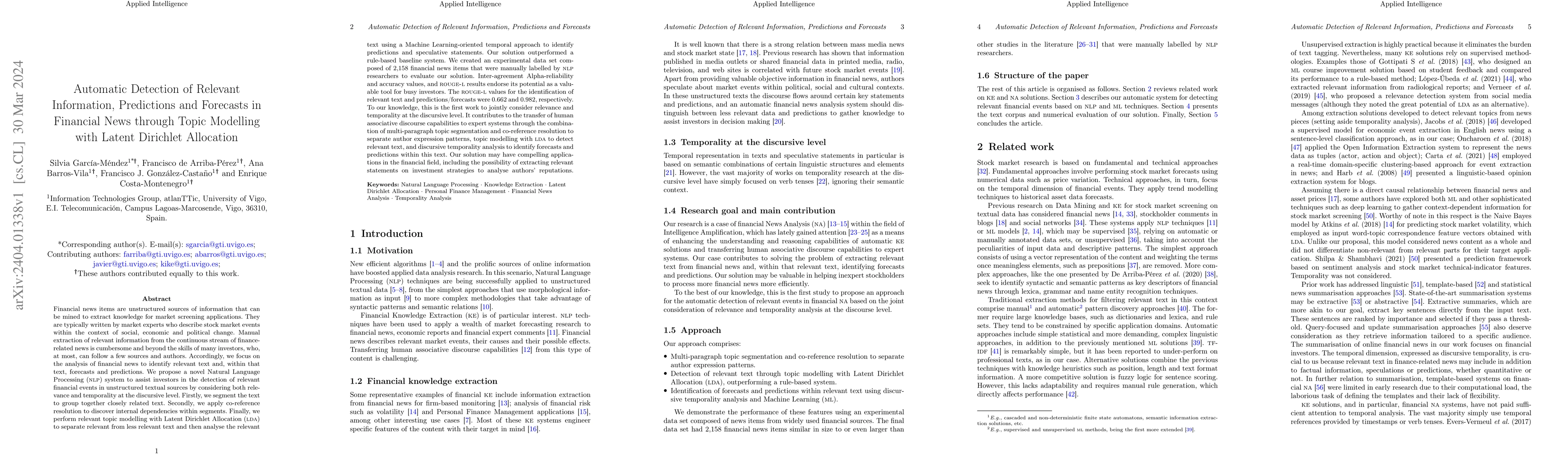 Thumbnail for Automatic detection of relevant information, predictions and forecasts
  in financial news through topic modelling with Latent Dirichlet Allocation
