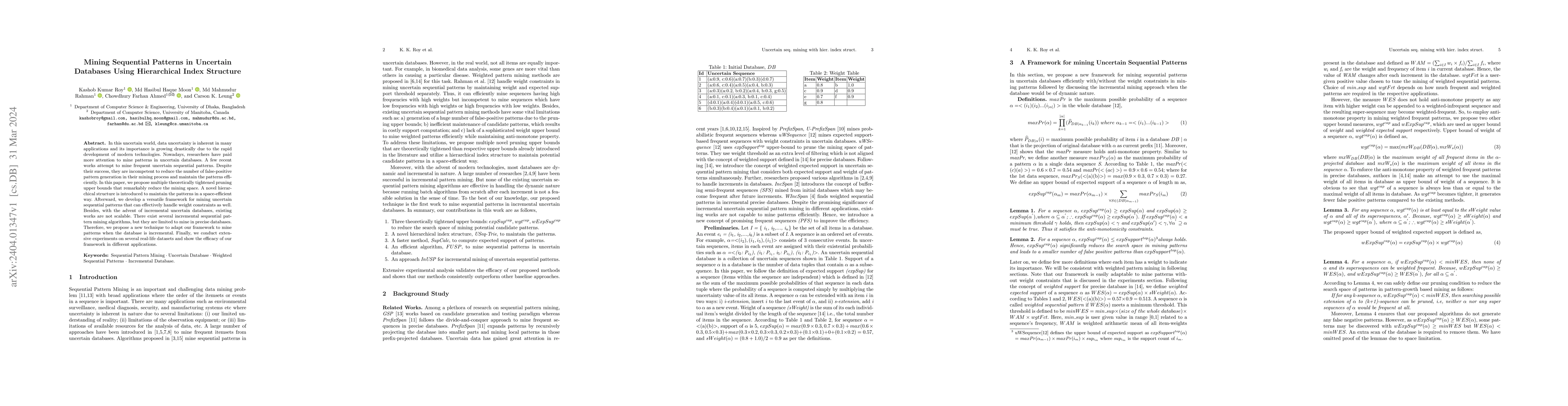 Thumbnail for Mining Sequential Patterns in Uncertain Databases Using Hierarchical
  Index Structure