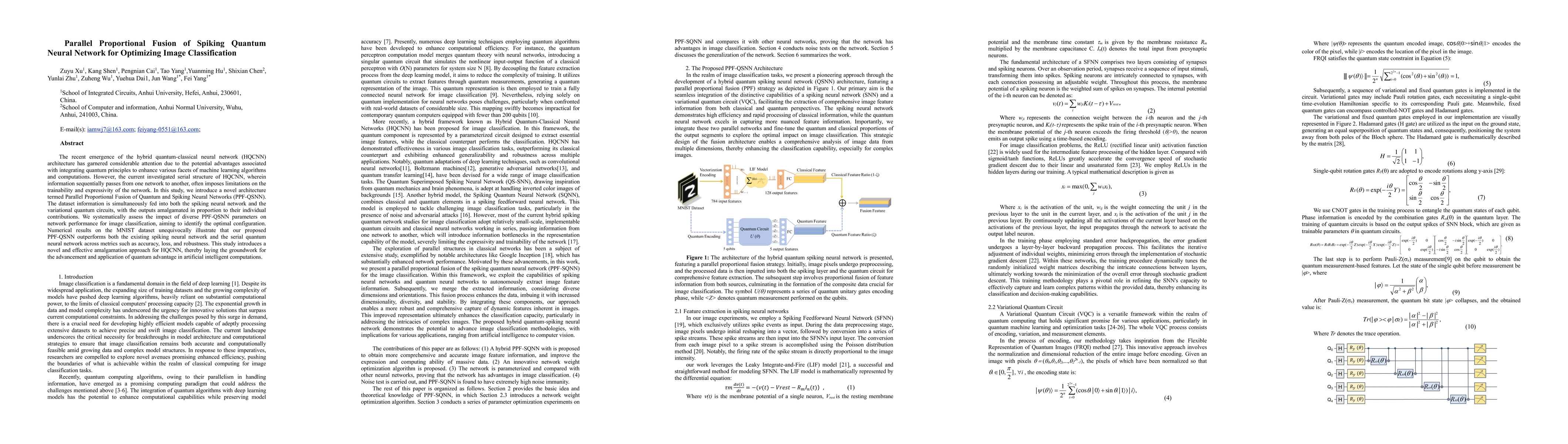 Thumbnail for Parallel Proportional Fusion of Spiking Quantum Neural Network for
  Optimizing Image Classification