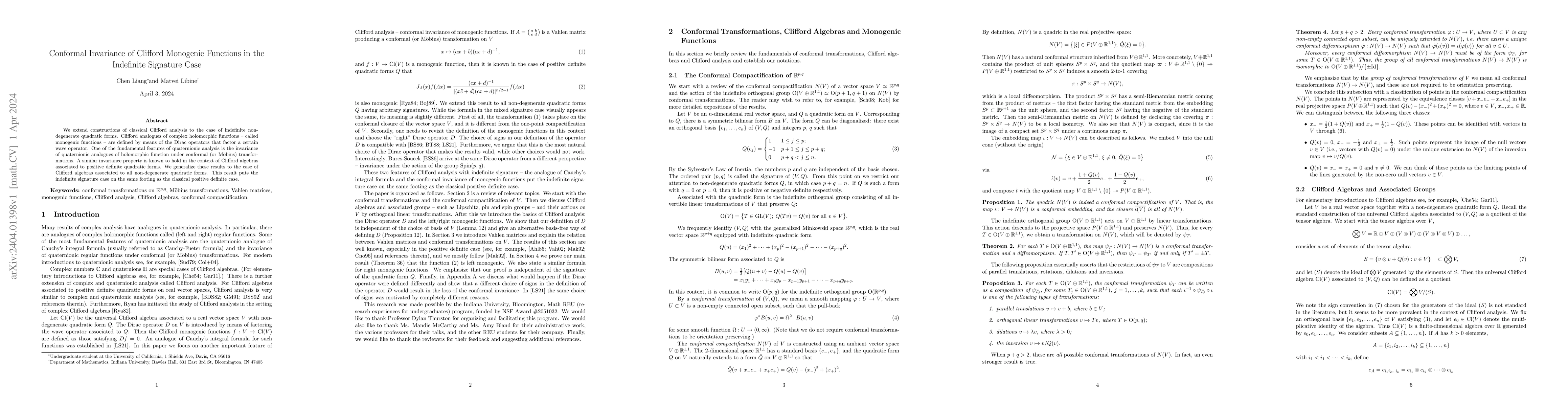 Thumbnail for Conformal Invariance of Clifford Monogenic Functions in the Indefinite
  Signature Case