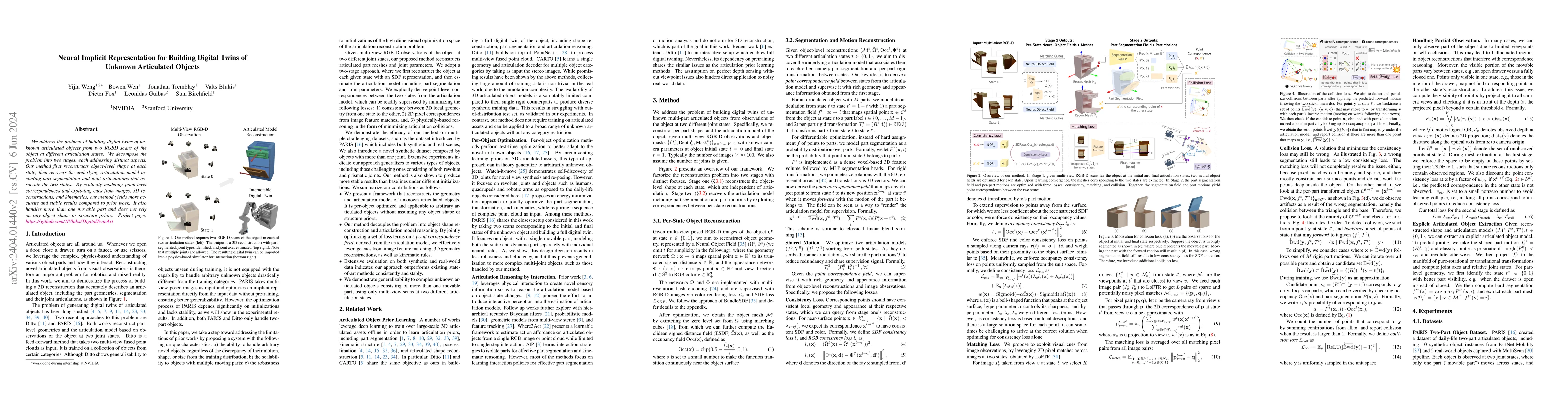 Thumbnail for Neural Implicit Representation for Building Digital Twins of Unknown
  Articulated Objects