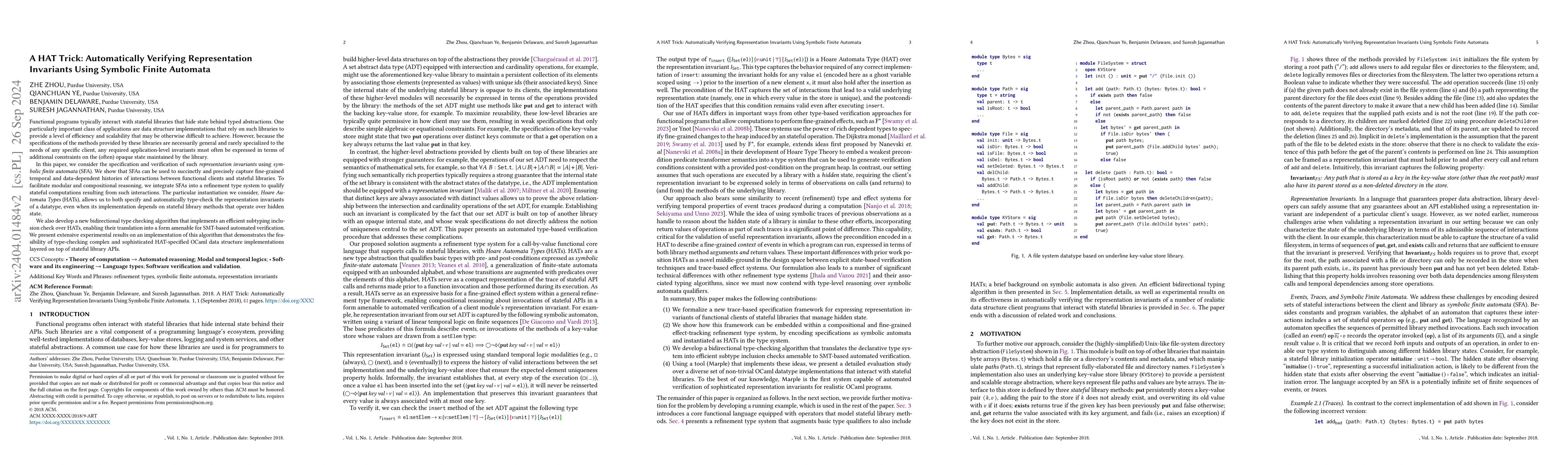 Thumbnail for A HAT Trick: Automatically Verifying Representation Invariants Using
  Symbolic Finite Automata