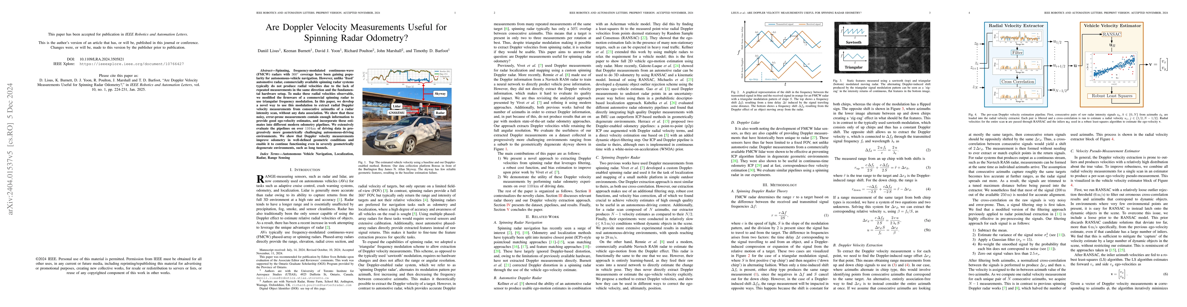 Thumbnail for Are Doppler Velocity Measurements Useful for Spinning Radar Odometry?