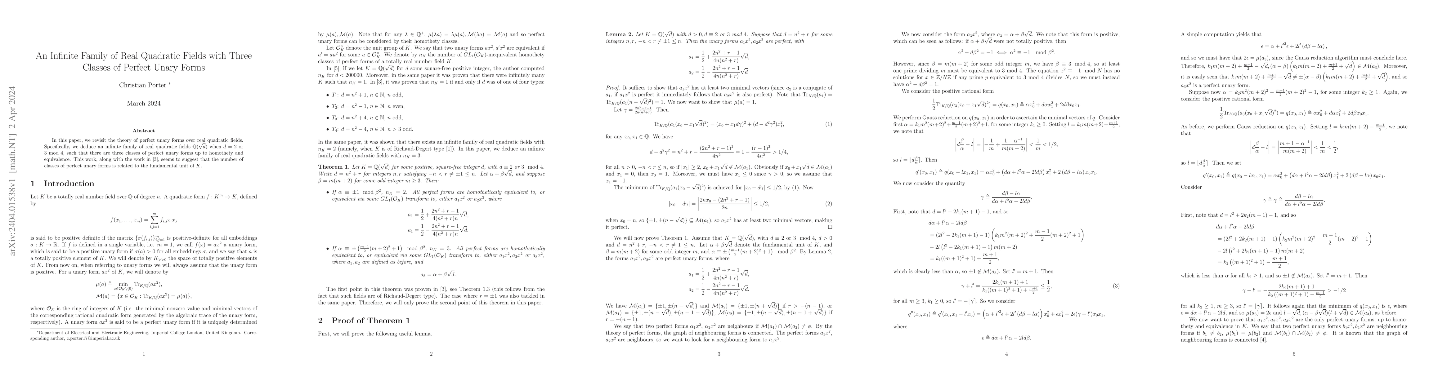 Thumbnail for An Infinite Family of Real Quadratic Fields with Three Classes of
  Perfect Unary Forms