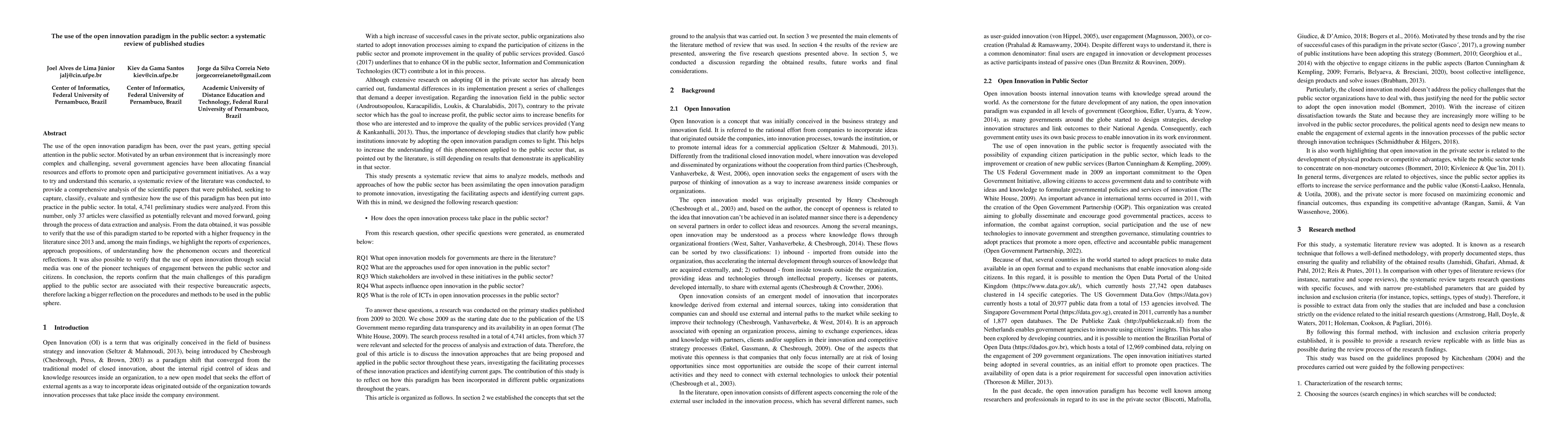 Thumbnail for The use of the open innovation paradigm in the public sector: a
  systematic review of published studies