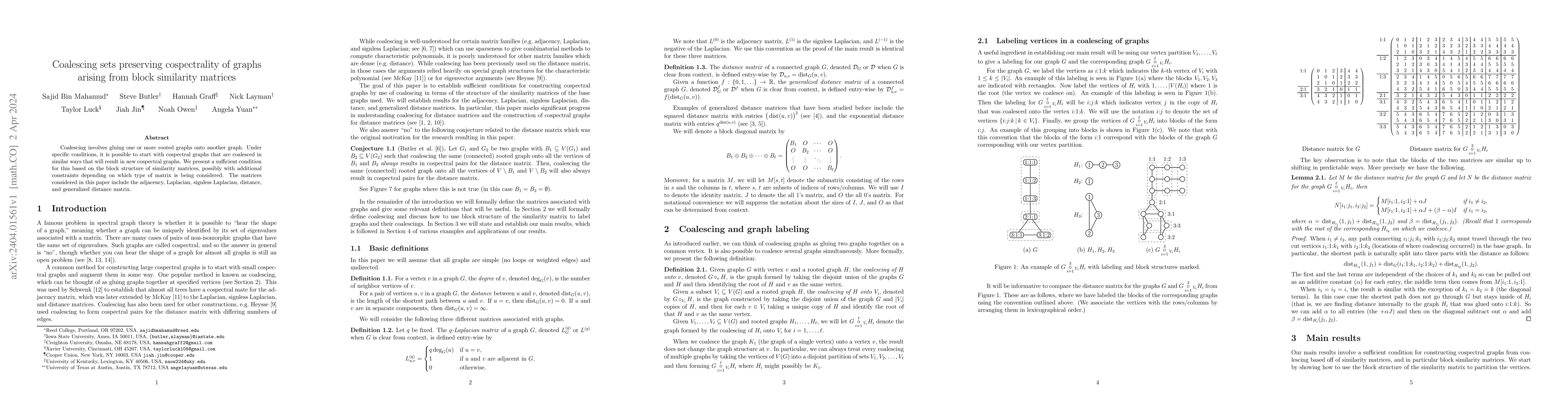 Thumbnail for Coalescing sets preserving cospectrality of graphs arising from block
  similarity matrices