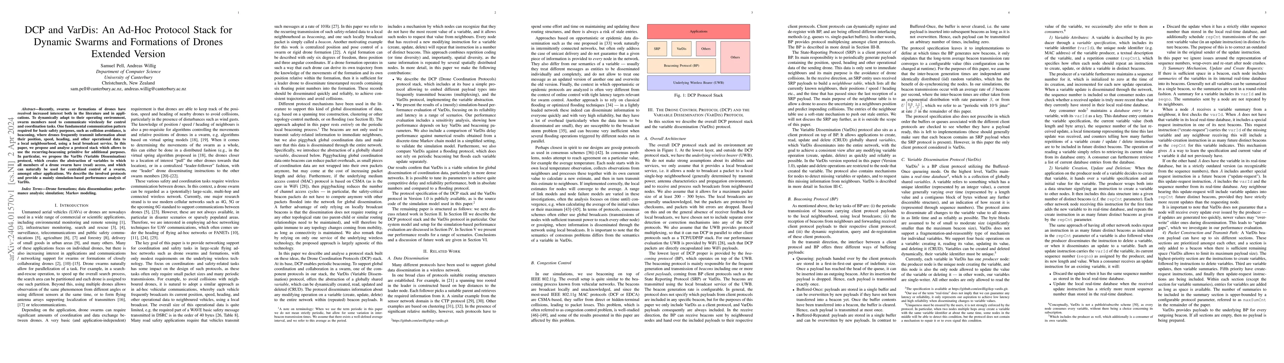 Thumbnail for DCP and VarDis: An Ad-Hoc Protocol Stack for Dynamic Swarms and
  Formations of Drones -- Extended Version