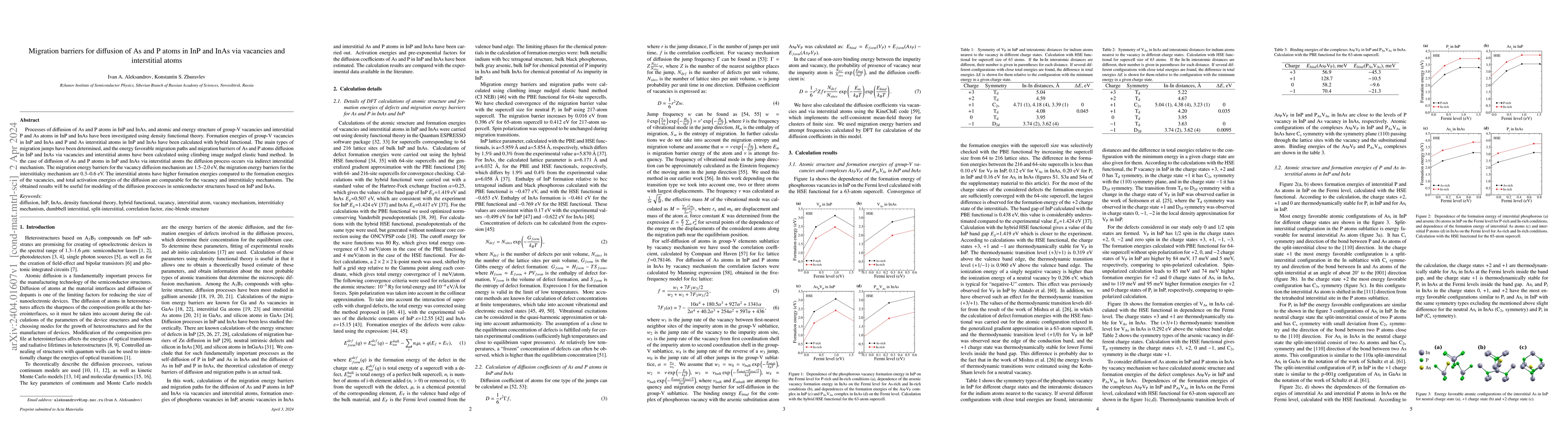Thumbnail for Migration barriers for diffusion of As and P atoms in InP and InAs via
  vacancies and interstitial atoms