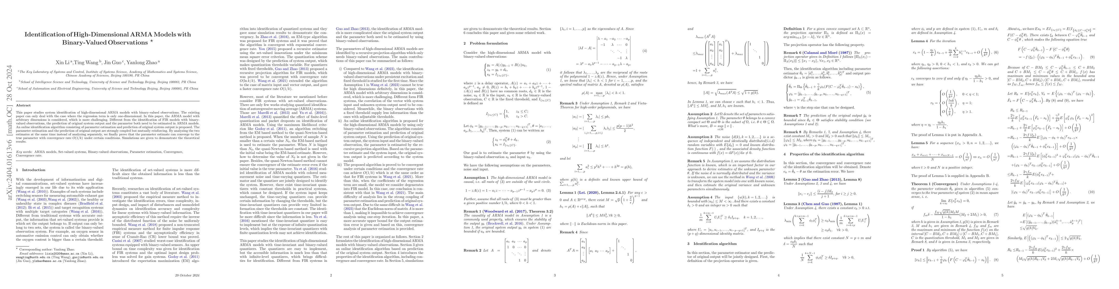Thumbnail for Identification of High-dimensional ARMA Models with Binary-Valued
  Observations