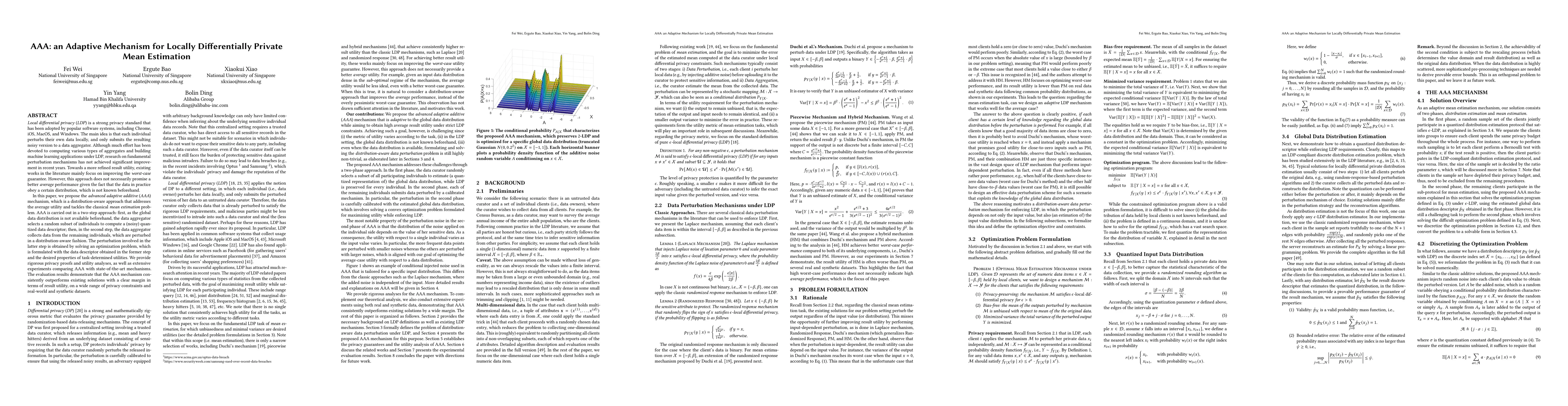 Thumbnail for AAA: an Adaptive Mechanism for Locally Differential Private Mean
  Estimation