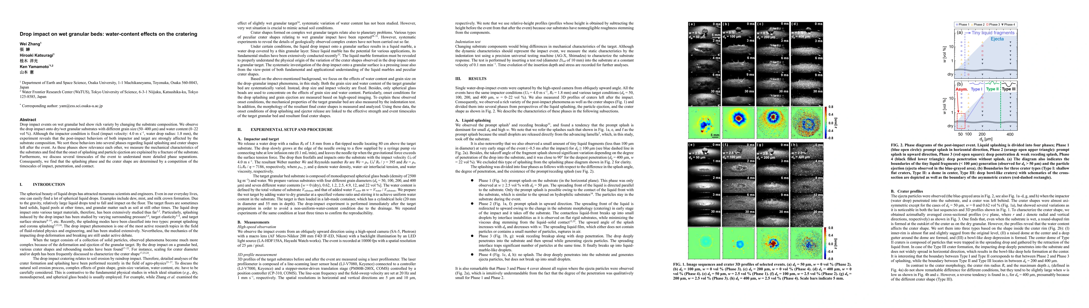 Thumbnail for Drop impact on wet granular beds: water-content effects on the cratering