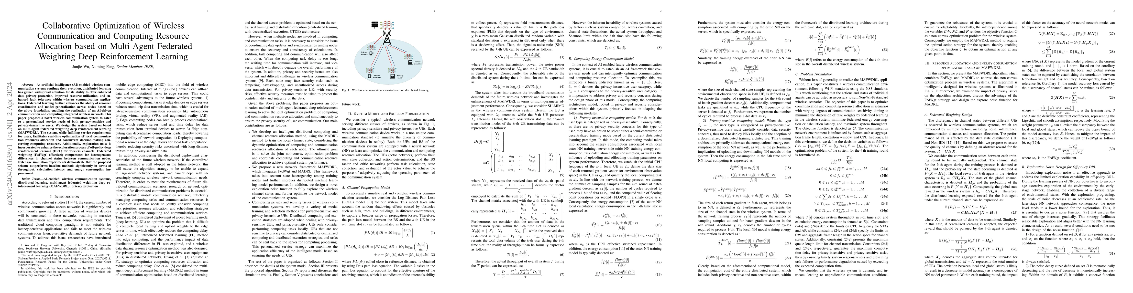 Thumbnail for Collaborative Optimization of Wireless Communication and Computing
  Resource Allocation based on Multi-Agent Federated Weighting Deep
  Reinforcement Learning