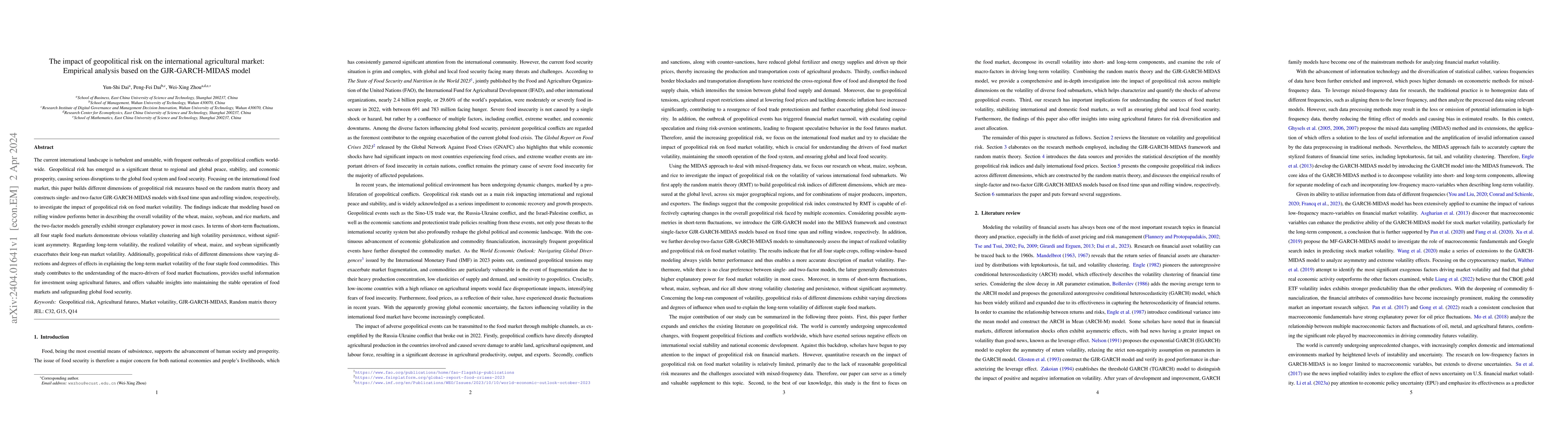 Thumbnail for The impact of geopolitical risk on the international agricultural
  market: Empirical analysis based on the GJR-GARCH-MIDAS model