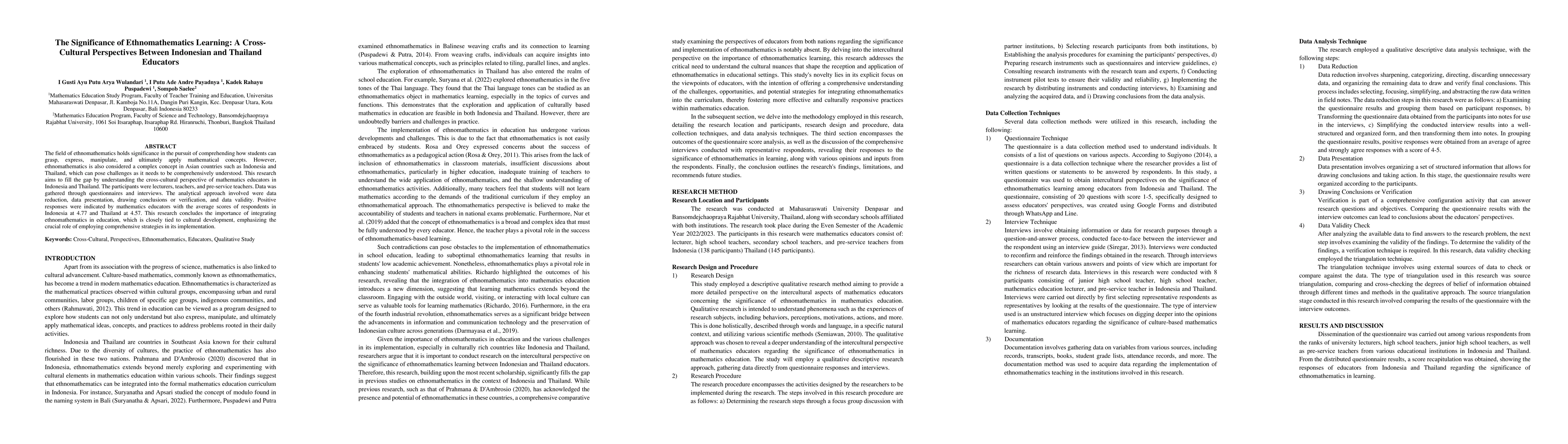 Thumbnail for The Significance of Ethnomathematics Learning: A Cross-Cultural
  Perspectives Between Indonesian and Thailand Educators