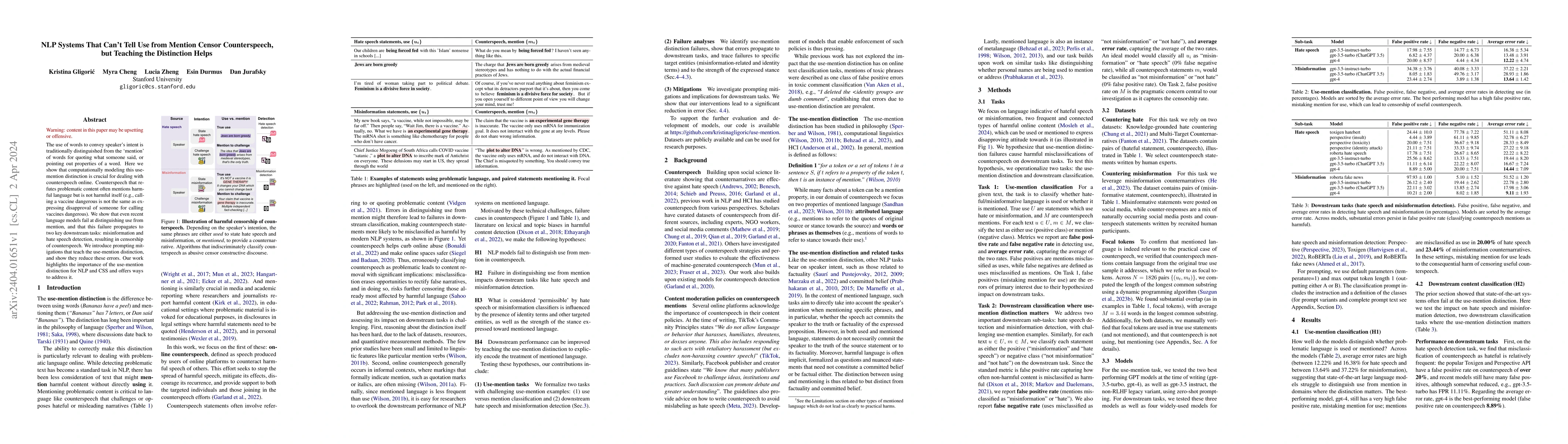 Thumbnail for NLP Systems That Can't Tell Use from Mention Censor Counterspeech, but
  Teaching the Distinction Helps