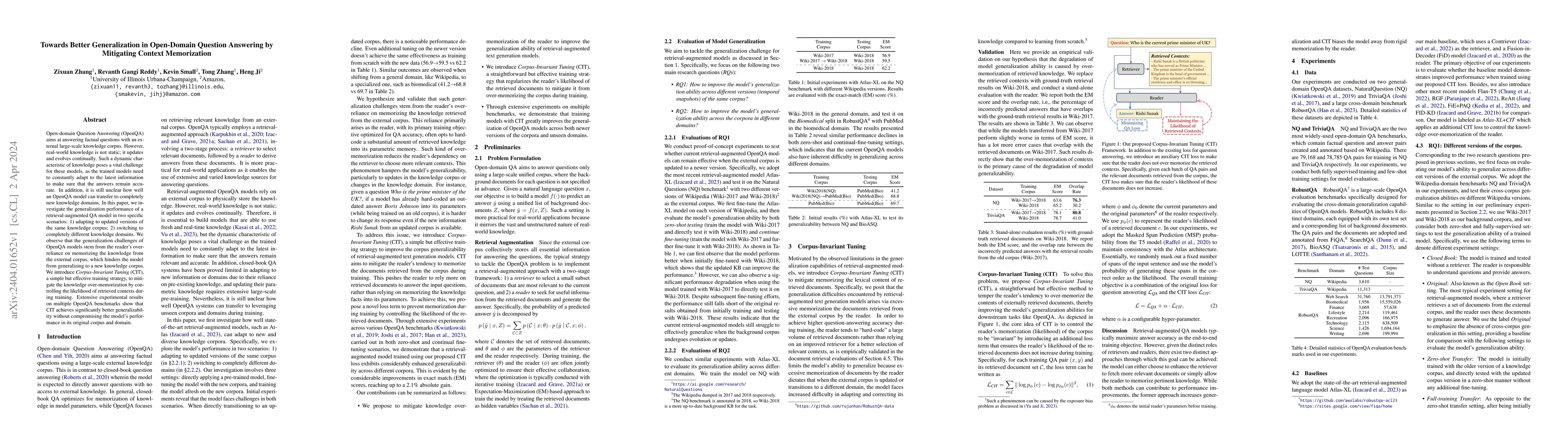 Thumbnail for Towards Better Generalization in Open-Domain Question Answering by
  Mitigating Context Memorization