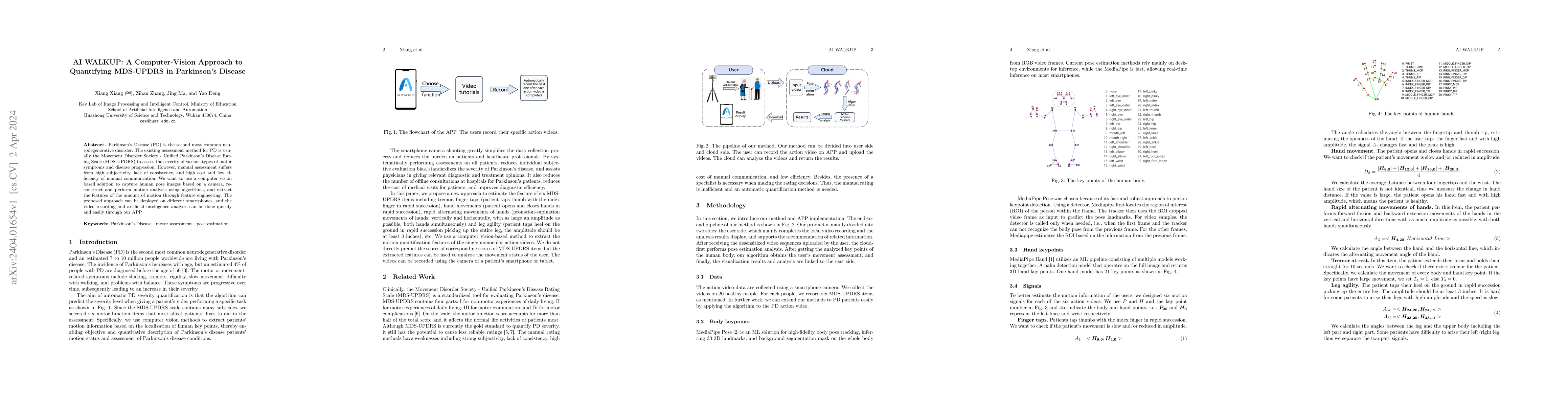 Thumbnail for AI WALKUP: A Computer-Vision Approach to Quantifying MDS-UPDRS in
  Parkinson's Disease