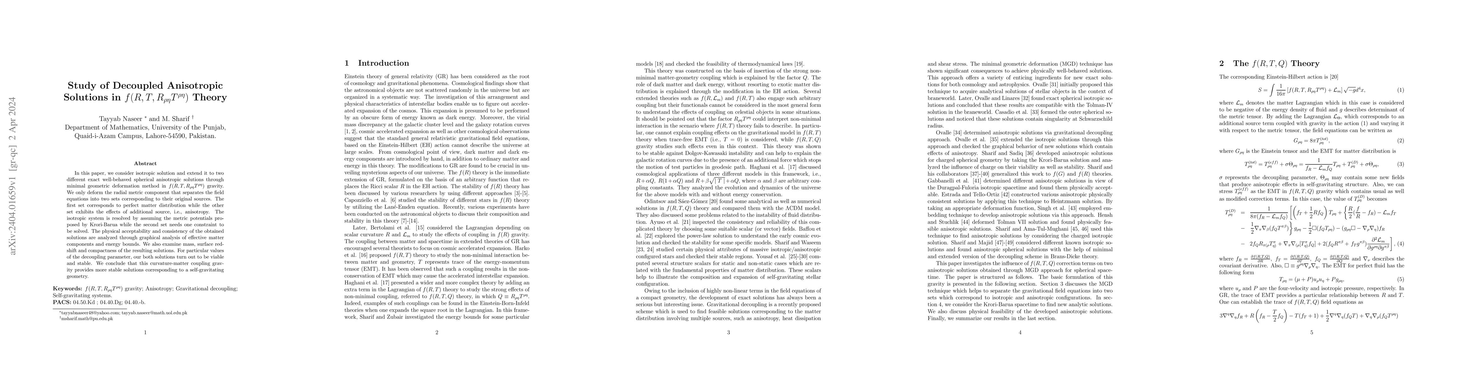 Thumbnail for Study of Decoupled Anisotropic Solutions in
  $f(R,T,R_{\rho\eta}T^{\rho\eta})$ Theory