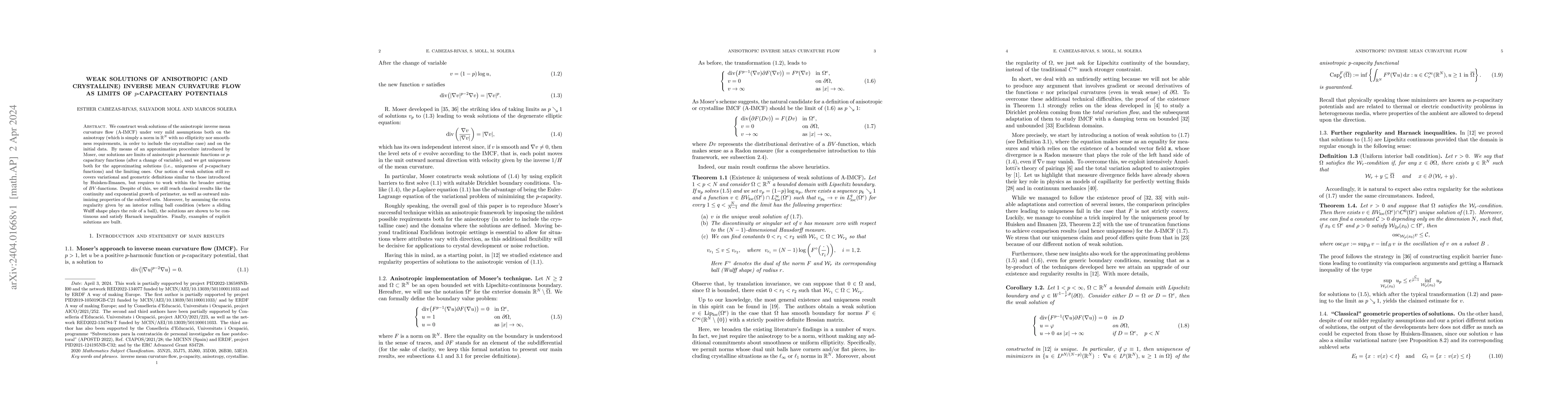 Thumbnail for Weak solutions of Anisotropic (and crystalline) inverse mean curvature
  flow as limits of $p$-capacitary potentials
