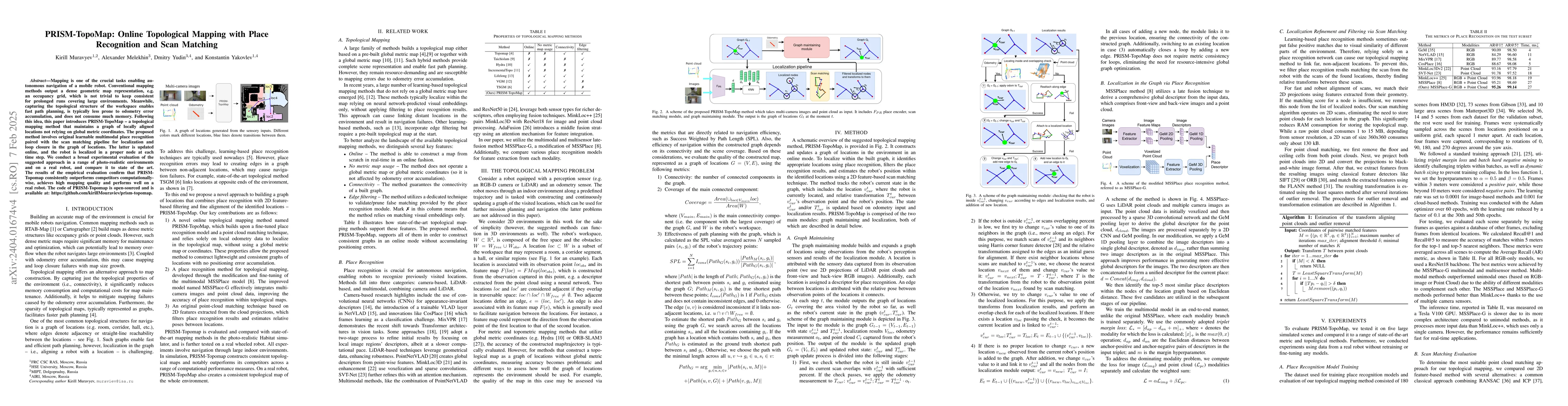 Thumbnail for PRISM-TopoMap: Online Topological Mapping with Place Recognition and
  Scan Matching