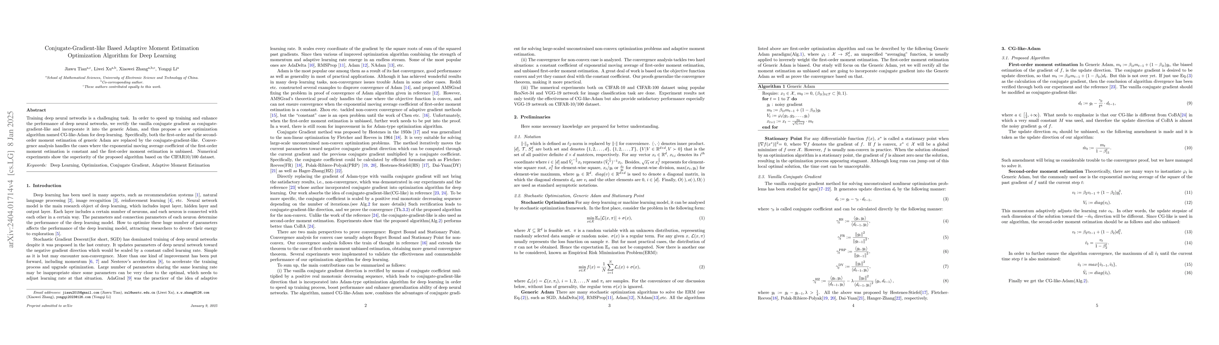 Thumbnail for Conjugate-Gradient-like Based Adaptive Moment Estimation Optimization
  Algorithm for Deep Learning