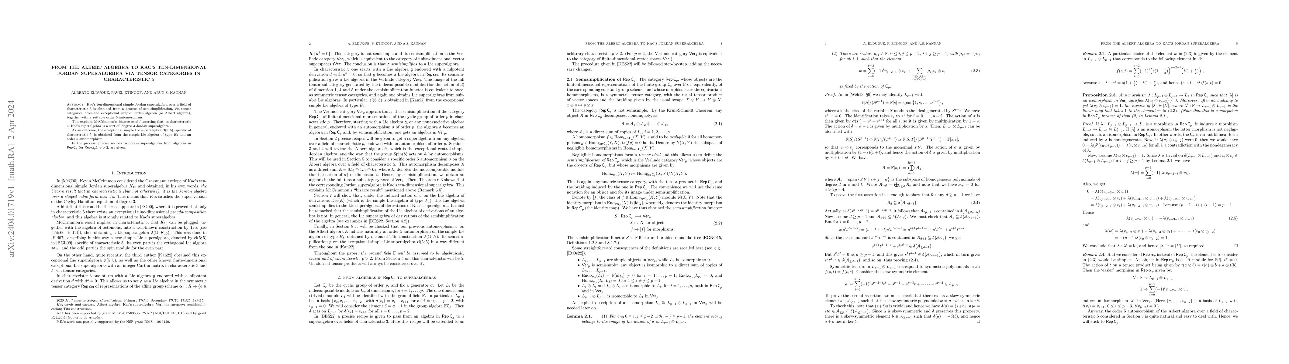Thumbnail for From the Albert algebra to Kac's ten-dimensional Jordan superalgebra via
  tensor categories in characteristic 5