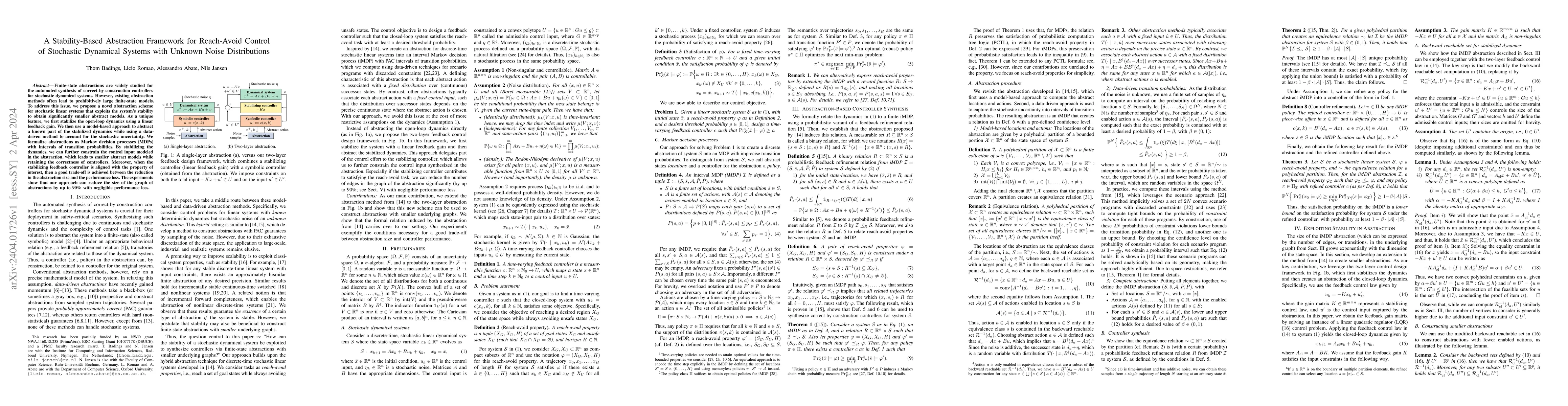 Thumbnail for A Stability-Based Abstraction Framework for Reach-Avoid Control of
  Stochastic Dynamical Systems with Unknown Noise Distributions