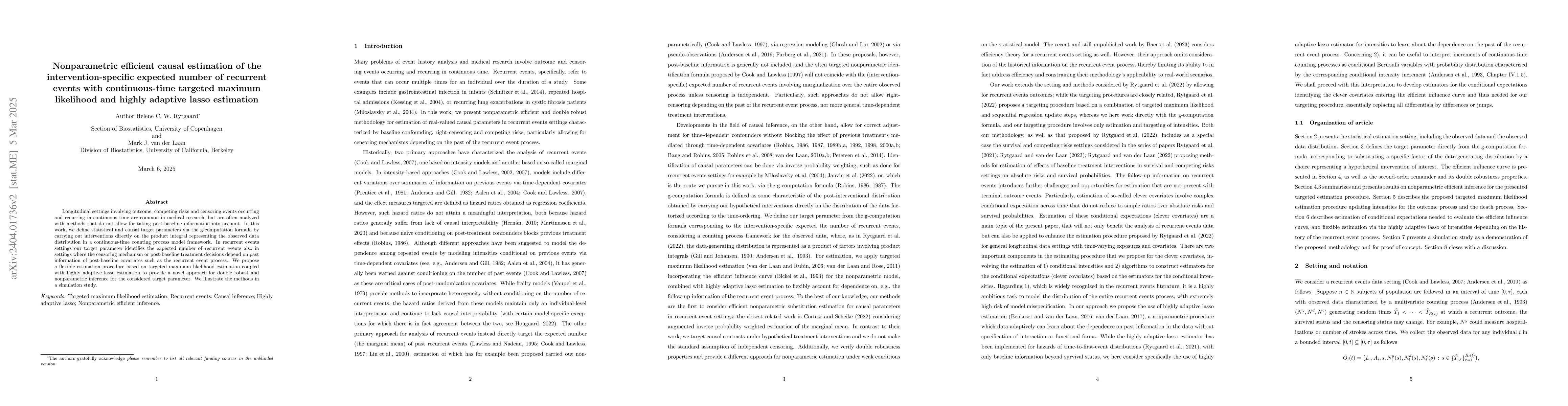 Thumbnail for Nonparametric efficient causal estimation of the intervention-specific
  expected number of recurrent events with continuous-time targeted maximum
  likelihood and highly adaptive lasso estimation
